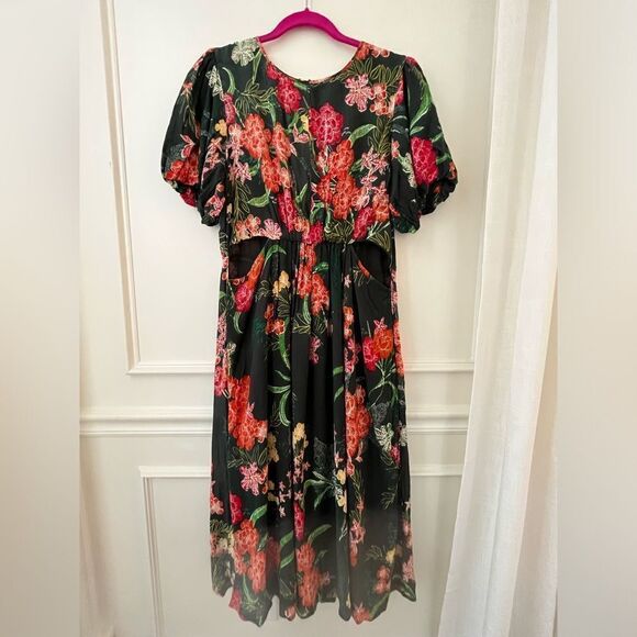 Walter Baker Wanita Rain Forest Green Floral Puff Sleeve Midi Dress Size XL NWT - Picture 3 of 12
